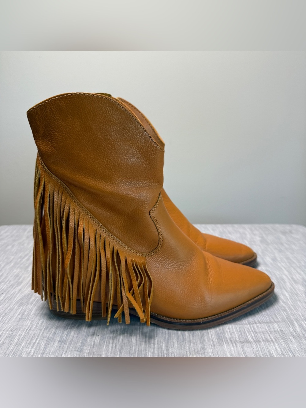 Elvio Zanon x Anthropologie Fringe Western Ankle Boot | Boho | US 7.5 | Cognac